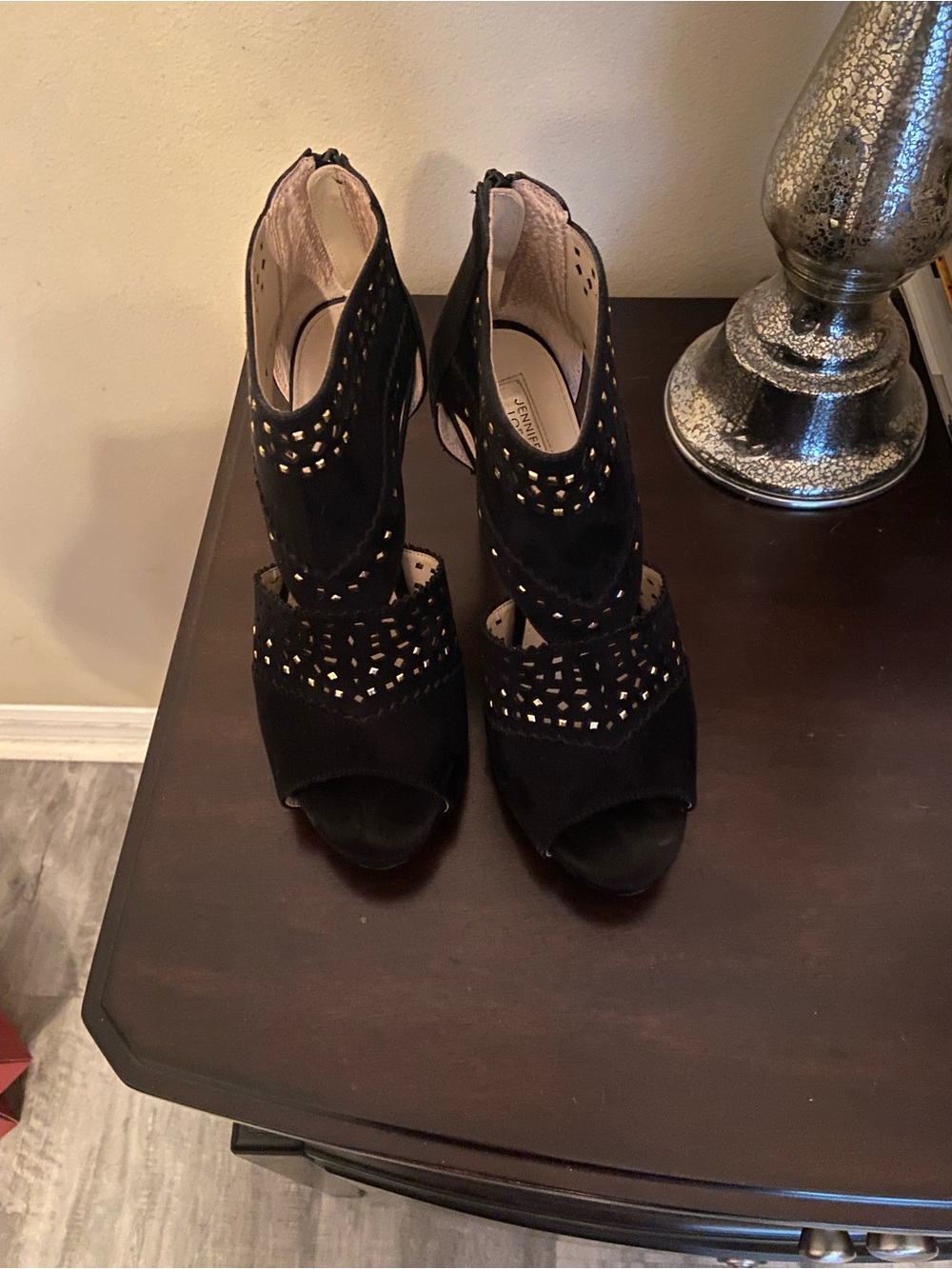 Jennifer Lopez Black Laser-Cut Peep-Toe Ankle Heels
